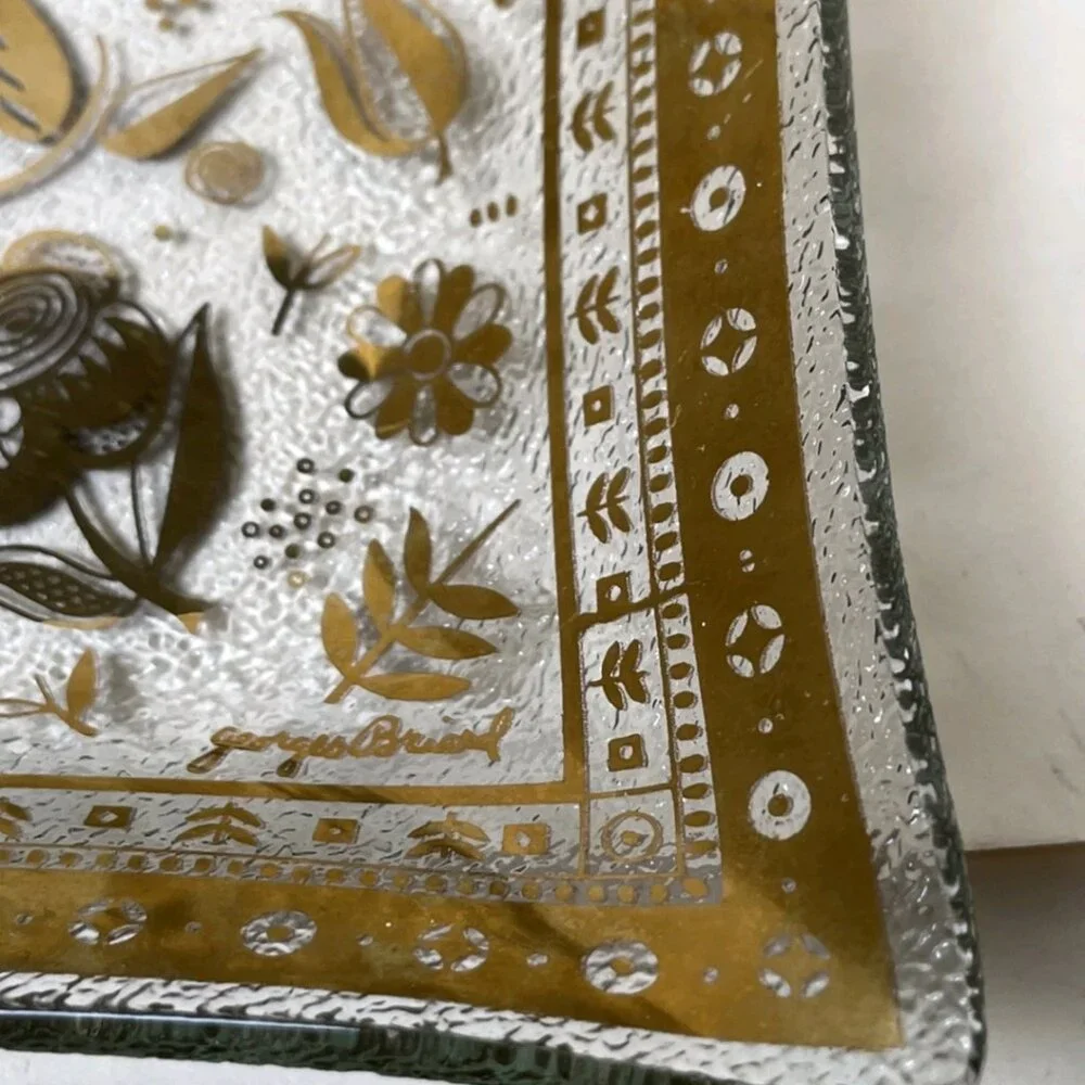 Vintage Georges Briard Persian Garden 22K Gold Glass Dish Signed MCM